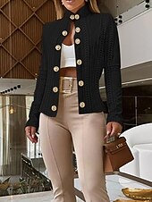 billiga casual jackor-Dam Vardaglig jacka Bekväm Andningsfunktion Jacquard Knappar Mode Dagligen Slät Utomhus Ledigt Dagligen Enkelknäppt Normal Hög krage Normal Långärmad Ytterkläder Svart Vit Rodnande Rosa Vår Höst