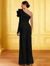 preiswerte Overalls für Mütter-Overalls Bodenlang Brautmutterkleid Langarm Ein-Schulter Elegant Einfach Hochzeitsgast Formeller Abend Stretchstoff mit Blume Einfarbig