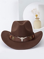 baratos Chapéus Femininos-Chapéu de cowboy masculino com faixa de cabeça de touro – chapéu fedora vintage de feltro com aba larga para rodeio, estilo ao ar livre e presente de Natal