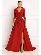 abordables Robes de Soirée en A-Ligne A Robe de Soirée Élégant Robe de soirée Formel Mariage Traîne Balayage Manche 3/4 Col en V Satin Extensible avec Noeud(s) 2025