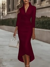 preiswerte Frauen schwarzes Kleid-Damen Midikleid schwarzes kleid Partykleid Cocktailkleid Satinkleid Elegant Modern Party Abendgesellschaft Normale Passform Einfach Langarm V Ausschnitt Schwarz Weiß Rosa Wein Herbst Winter