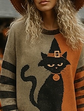 billige Halloween topper-Dame Pullover Grafisk Katt Gresskar Årgang Mote Klassisk Langermet Crew-hals Vanlige topper Avslappet Trykt mønster Oransje Høst Vinter