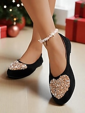 cheap Women&#039;s Christmas Shoes-Women&#039;s Burgundy Faux Suede Flats with Sparkly Heart Rhinestone Design – Chic Dress Shoes for Ladies, Great for Christmas Parties and Daily Outfits