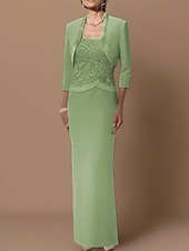 abordables Ensembles de robes pour maman-Robe fourreau mère de la mariée invitée de mariage élégante grande taille encolure droite longueur au sol en chiffon satin dentelle sans manches robes à courte veste avec ceinture  appliques en ruban