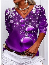 abordables Hauts de Noël-Noël Femmes T-shirt Graphique Noël ancien Élégant Classique manche longue Col en V Hauts Réguliers Quotidien Imprimé Rouge Bleu Violet Vert Gris Printemps Automne Hiver