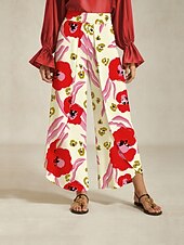 voordelige damesbroeken-dames wijde broek satijn rood bloemenprint voorkant overlapping split lente herfst