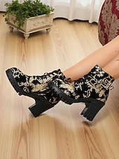 baratos Botas de tornozelo-Botas de cano curto pretas femininas – botas de combate de salto alto e grosso com bordado dourado e detalhe de fivela para festas, saídas à noite e moda streetwear
