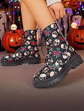 レディースハロウィンスカルプリントコンバットブーツ - ゴシックフェスティバルやコスプレパーティーにぴったりのバラ柄レースアップチャンキーソールアンクルブーツ お買い得  女性向け-レディースハロウィンスカルプリントコンバットブーツ - ゴシックフェスティバルやコスプレパーティーにぴったりのバラ柄レースアップチャンキーソールアンクルブーツ