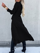 abordables Robe Simple-Femmes Robe Midi Robe trapèze Occasionnel Quotidien Coupe régulière Uni manche longue Revers Noir Rouge Vert Abricot Printemps Automne Hiver