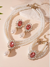 cheap Women&#039;s Necklace-Women&#039;s Pearl Jewelry Set with Earrings, Necklace and Bracelet - Elegant Vintage Style Accessories with Crystal Accents for Ballroom Party, Wedding and Formal Events
