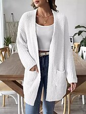 Недорогие Кардиган с открытым передом-Жен. Вязаная ткань Кардиган Уличный стиль На каждый день Сплошной цвет Открытый перед Карман Трикотаж Длинный рукав Обычные топы Вязать Повседневные На выход выходные Черный Белый Осень Зима