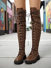 baratos Botas da moda-Botas femininas marrons de couro sintético com cadarço acima do joelho - botas estilo equestre knightcore com sola grossa e estilo grunge dos anos 90 para streetwear &amp;roupas para festivais de outono