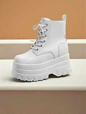 cheap Combat Boots-Women&#039;s White Platform Lace-Up Ankle Boots with Height Increasing Sole -Trendy Chunky Heel Fashion Boots for Casual and Streetwear