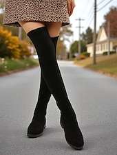 levne Módní boty-Dámské černé kozačky nad kolena – zimní boty z umělé semiše na nízkém podpatku pro streetwear i ležérní outfity