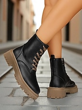 Недорогие Женские ботинки-Женские белые ботинки из искусственной кожи на шнуровке с боковой молнией и массивной подошвой — стильные армейские ботинки для кей-попа, уличной моды и повседневных образов.