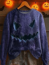 billige Halloween hettegenser og hettejakke-Halloween Kvinners Pullover Monster Grafikk Casual Langermet Crew Neck Regular Topper Gate Dagligbruk Casual Print Lilla Grønn Khaki Grå Høst Vinter