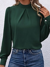 Χαμηλού Κόστους Επίσημες Μπλούζες-Γυναικεία Πουκάμισο Κομψή Φιλάρεσκος Σατέν Μπλούζα Συμπαγές Χρώμα Στυλάτο Καθημερινό Μακρυμάνικο Ζιβάγκο Κανονικά μπλουζάκια Καθημερινά Εξόδου Μαύρο Κίτρινο Πράσινο Ανοικτό Ρουμπίνι Βυσσινί