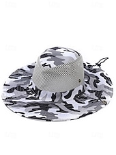preiswerte Herrenhüte-Herren-Sonnenhut aus Camouflage-Netzgewebe mit breiter Krempe und Kinnriemen – atmungsaktiver Outdoor-Wander- und Angelhut für Sommerreisen und Camping