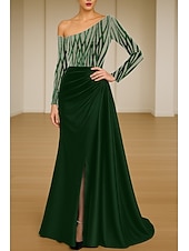baratos Vestidos de baile-Linha A Vestidos de noite Elegante Traje formal Formal Casamento Cauda Escova Manga Longa Assimétrico Cetim com Pregas Franzido 2025