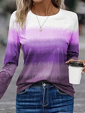 billige Stripe og geometrisk t-skjorte-Dame T skjorte Grafisk Geometrisk Årgang Stilfull Klassisk Langermet Crew-hals Vanlige topper Daglig Trykt mønster Blå Lilla Brun Vår Høst Vinter
