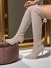 お買い得  ファッションブーツ-つま先が尖っていてスティレットヒールのある、女性用のグレーのスエードのオーバーニーファッションブーツ。パーティー、夜のお出かけ、秋冬のファッションにぴったりのエレガントなストレッチサイハイブーツ。