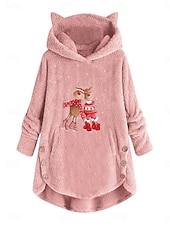 billige Julegenser-Dame Pullover hettegenser-genser Grafisk Reinsdyr Fritid Langermet Med hette Crop Tops Gate Hverdag Avslappet Lomme Trykt mønster Rosa Vin Grå Høst Vinter