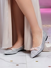 economico cocktail-ballerine da donna con punta a punta, glitter argento e fiocco - eleganti scarpe da cocktail per feste e occasioni formali
