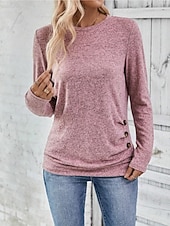 billige Plain t-skjorte-Dame Bluse Helfarge Tropisk Stilfull Fritid Langermet Crew-hals Vanlige topper Daglig Knapper Rosa Himmelblå Grønn Grå Sommer Vår Høst