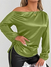 baratos Blusas Elegantes-Mulheres Camisa Social Elegant Elegante Top de cetim Assimétrico Tecido à moda Casual Manga Longa ombro frio Tops regulares Diário Para Noite Preto Verde Primavera Outono
