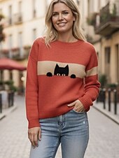 levne Pulovry a topy-Dámské Svetr Denní Grafika Tričkový Tisk Dlouhý rukáv Běžné topy Plést Formální Víkend Černá Rubínově červená Podzim Zima