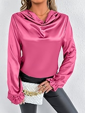 Недорогие Нарядные блузки-Жен. Рубашка Elegant Нарядный Атласный верх Драпировка Сплошной цвет Стиль На каждый день Длинный рукав Вырез-хомут Обычные топы Повседневные На выход Черный Розовый Зеленый Абрикосовый Весна Осень