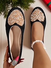 cheap Women&#039;s Christmas Shoes-Women&#039;s Burgundy Faux Suede Flats with Sparkly Heart Rhinestone Design – Chic Dress Shoes for Ladies, Great for Christmas Parties and Daily Outfits