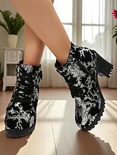 baratos Botas de tornozelo-Botas de cano curto pretas femininas – botas de combate de salto alto e grosso com bordado dourado e detalhe de fivela para festas, saídas à noite e moda streetwear