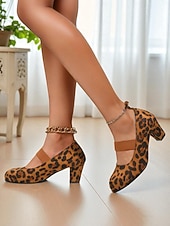 abordables Block Heels-Escarpins Mary Jane à talon carré et imprimé léopard pour femme – style rétro années 70, avec bride élastique, pour un look streetwear quotidien et décontracté au bureau.