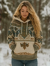 Viking Boho Women's Pullover Hoodie Sweatshirt Graphic Geometric Tribal Warm Vintage Casual Long Sleeve Hooded Regular Tops Street  Casual Patchwork Print Front Pocket Green Spring Fall Winter3