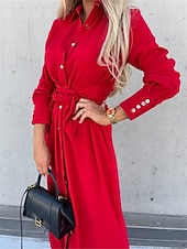 abordables Robe Simple-Femmes Robe Midi Robe trapèze Occasionnel Quotidien Coupe régulière Uni manche longue Revers Noir Rouge Vert Abricot Printemps Automne Hiver