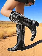 levne Cowboy &amp; Western Boots-Dámské vyšívané kovbojské kozačky do poloviny lýtek s blokovým podpatkem, boty ve westernovém stylu na večírky a festivaly