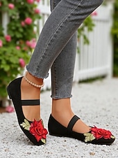 abordables Ballerines femme-Ballerines Mary Jane de Noël pour femmes – Chaussures à brides brodées de roses en faux daim pour les fêtes et au quotidien