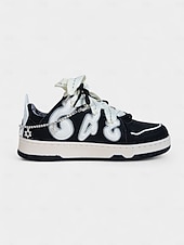 billige For kvinner-Svarte og hvite Halloween-sneakers med hodeskalle og snøring til dame – gotisk streetwear-stil for festivalkvelder og kostymefester