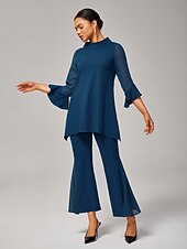 billiga Tvådelade set-Dam marinblå chiffong modal matchande set blus klocka nederdel elegant snygg bekväm daglig arbetskväll höst