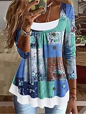abordables T-shirt floral-Femmes T-shirt Fleuri Graphique ancien Élégant Classique manche longue Col carré Hauts Longs Quotidien Week-end Patchwork Boutons Imprimé Rouge Bleu Violet Vert Printemps Automne Hiver
