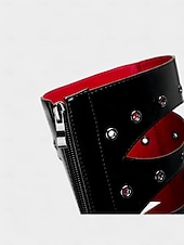 cheap Fashion Boots-Women's Gothic Cutout Knee-High Heels with Spiked Sculptural Wedge - Black Punk Fetish Boots for Halloween, Cosplay and Alternative Fashion Parties