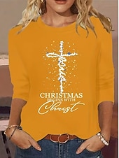 abordables Hauts de Noël-Noël Femmes T-shirt Graphique Lettre Croix ancien Mode Élégant manche longue Col ras du cou Col rond Hauts Réguliers Quotidien Week-end Imprimé Noir Jaune Rouge Bleu Printemps Automne Hiver