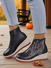 levne Kotníkové boty-Dámské hnědé kotníkové boty na klínku – vyšívané kozačky z umělé kůže na platformě pro běžné nošení a boho outfity
