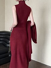 preiswerte Einfarbige Farben-Damen Langes Kleid Maxikleid Strickkleid Freizeitkleid Kleid-Set Elegant Mode Modern Outdoor Täglich Ausgehen Normale Passform Einfach Langarm Hoher Ausschnitt Stehkragen Rote Winter Herbst
