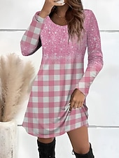 preiswerte Streifen- und geometrisches Kleid-Damen Minikleid T-Shirt-Kleid Sommerkleid A Linie Kleid Lässig Täglich Ausgehen Normale Passform Grafik Karomuster Abstrakt Langarm Rundhalsausschnitt Hellrosa Rosa Grau Herbst Winter