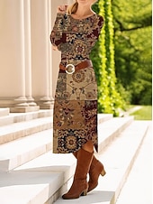 preiswerte Blumenkleid-Damen Midikleid Etui-Kleid Shiftkleid Lässig Täglich Normale Passform Blumen Grafik Paisley-Muster Langarm Rundhalsausschnitt Braun Frühling Herbst Winter