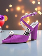 cheap Cocktail-Women&#039;s Blue Satin Block Heel Pumps with Pearl Detail and Ankle Strap - Elegant Pointed Toe Shoes for Formal Occasions and Cocktail Parties