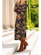 preiswerte Blumenkleid-Damen Midikleid Etui-Kleid Shiftkleid Party Lässig Boho Party Hochzeitsgast Täglich Normale Passform Blumen Grafik Langarm Rundhalsausschnitt Dunkelbraun Leicht Braun Beige Frühling Herbst Winter