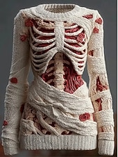 preiswerte Halloween Bluse und Shirts-Halloween Damenpullover Skelett Mode Lässig Grafik Skelett Rundhalsausschnitt Patchwork Gestrickte Lange Ärmel Reguläre Oberteile Strick Schwarz Rosa Herbst Winter